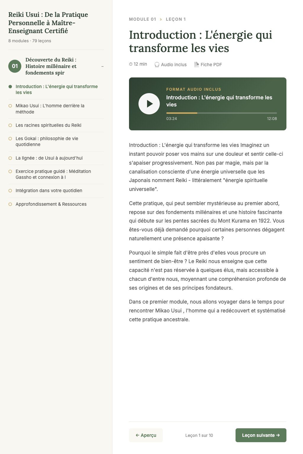 Aperçu d'une leçon · Reiki Usui : De la Pratique Personnelle à Maître-Enseignant Certifié