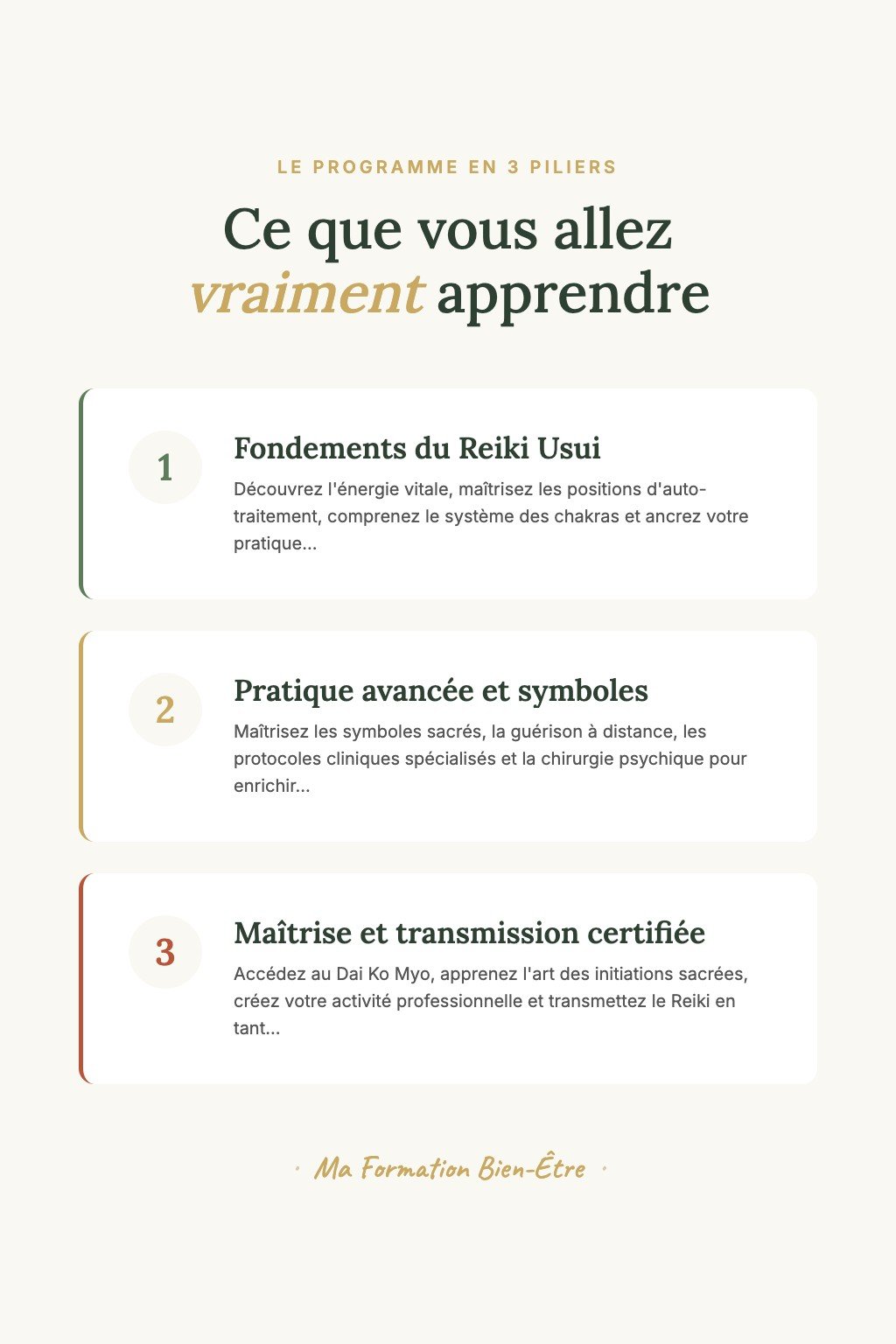 Les 3 piliers du programme · Reiki Usui : De la Pratique Personnelle à Maître-Enseignant Certifié