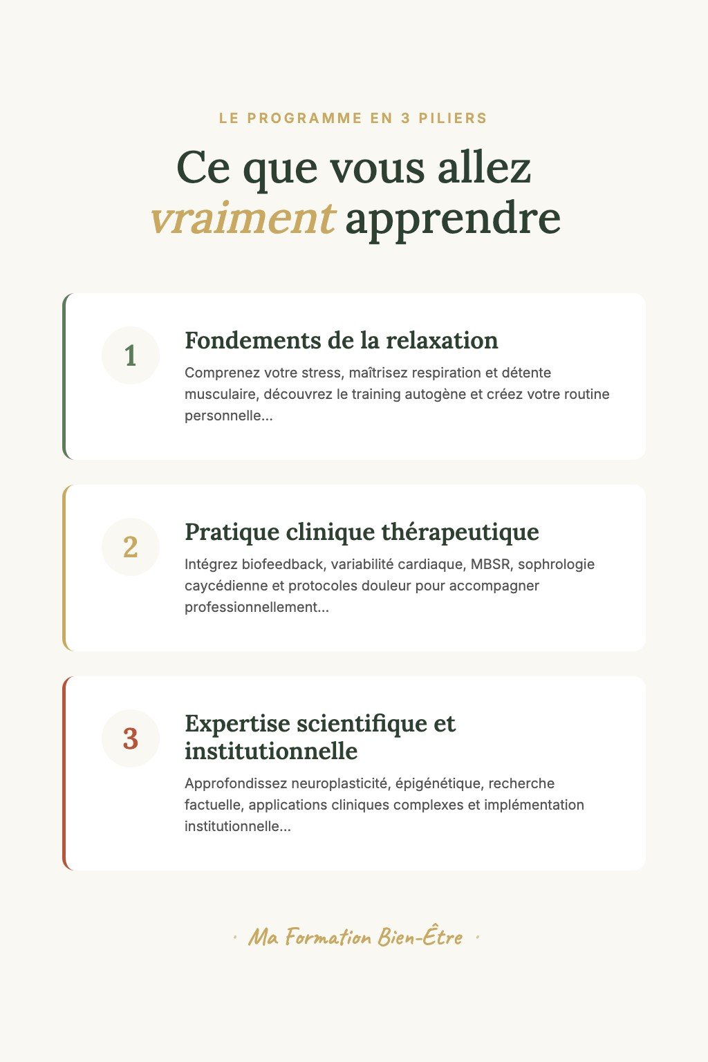 Les 3 piliers du programme · Relaxation Thérapeutique : De la Pratique Personnelle à l'Expertise Clinique