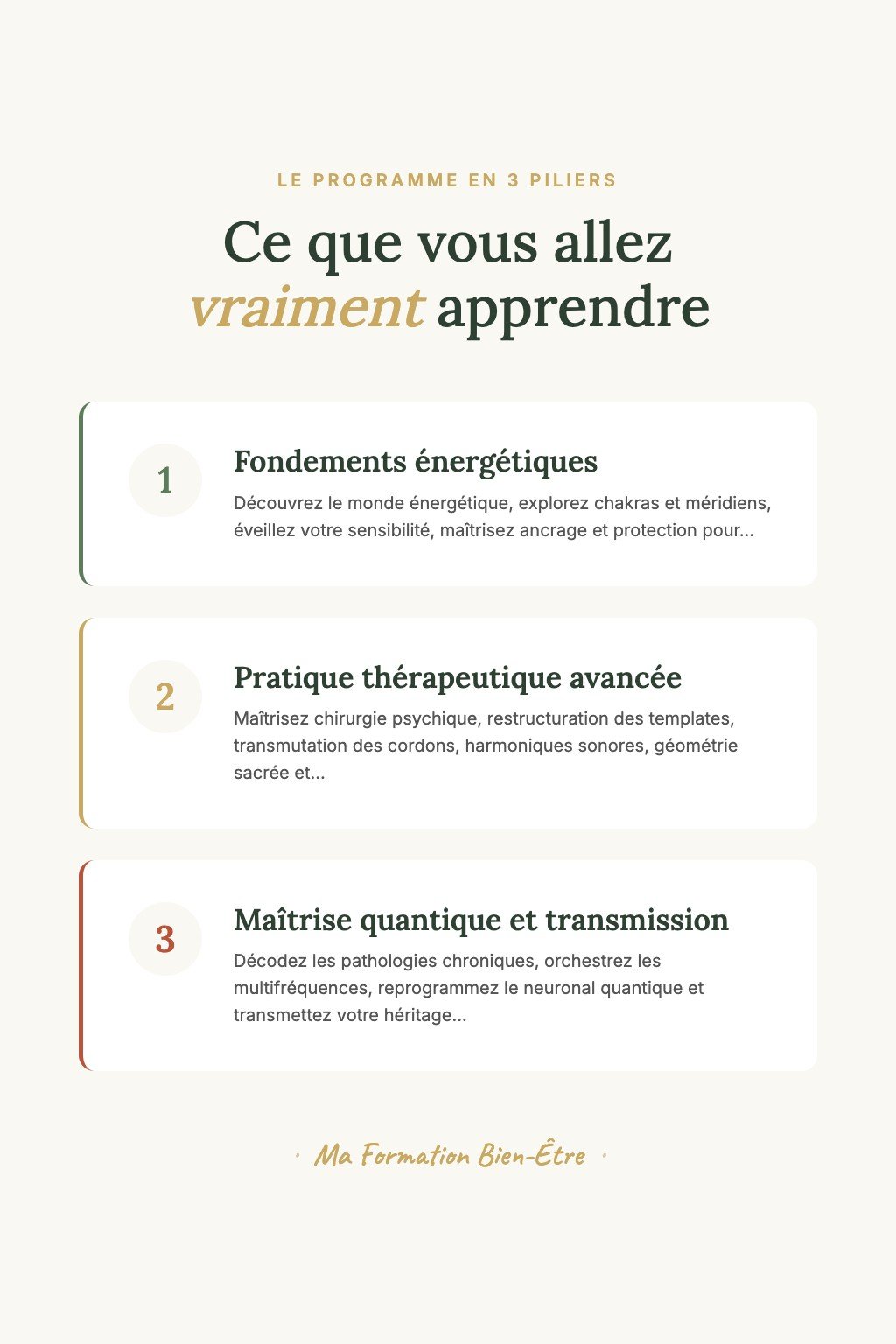 Les 3 piliers du programme · L'Art du Soin Énergétique — De la Perception à la Transmission