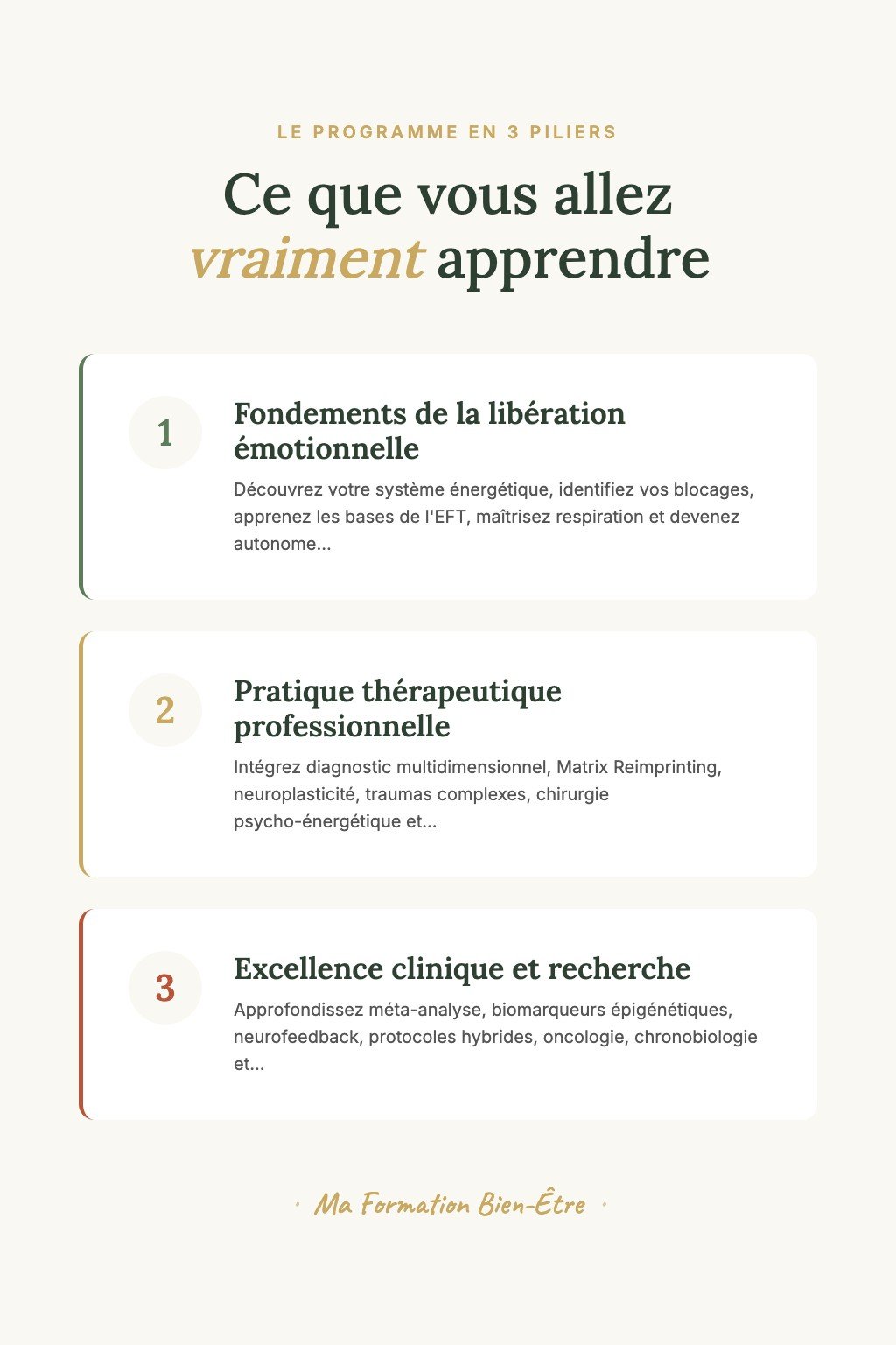 Les 3 piliers du programme · Libération Émotionnelle Énergétique : Du Soin Personnel à l'Excellence Thérapeutique