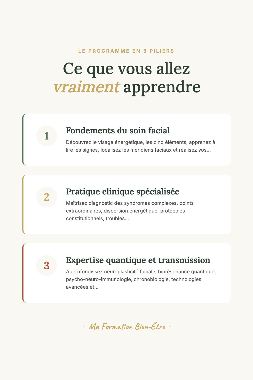Les 3 piliers du programme · L'Art du Soin Énergétique Chinois du Visage — Méthode Intégrative