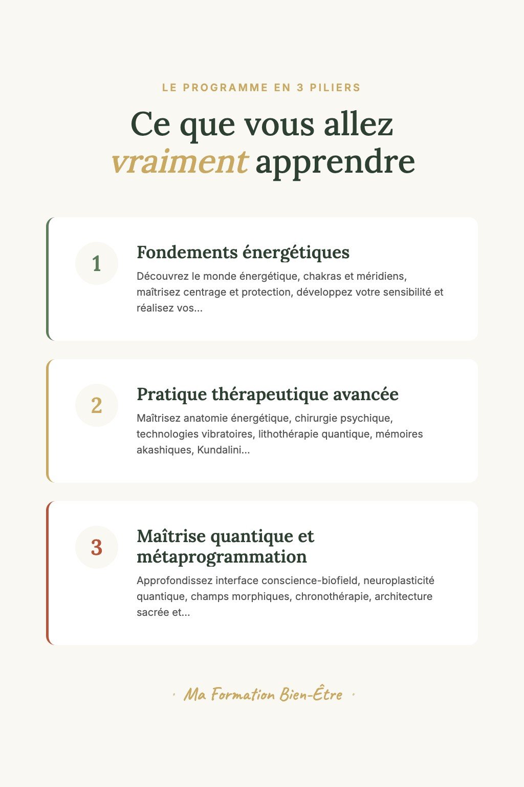 Les 3 piliers du programme · Soins Énergétiques : De la Sensibilité Naturelle à la Maîtrise Quantique