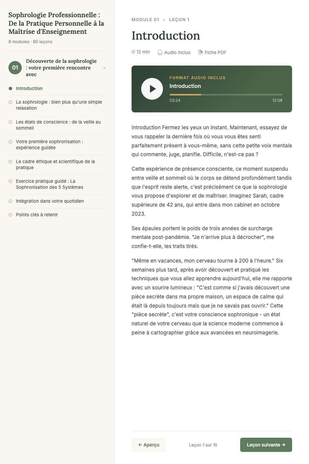 Aperçu d'une leçon · Sophrologie Professionnelle : De la Pratique Personnelle à la Maîtrise d'Enseignement