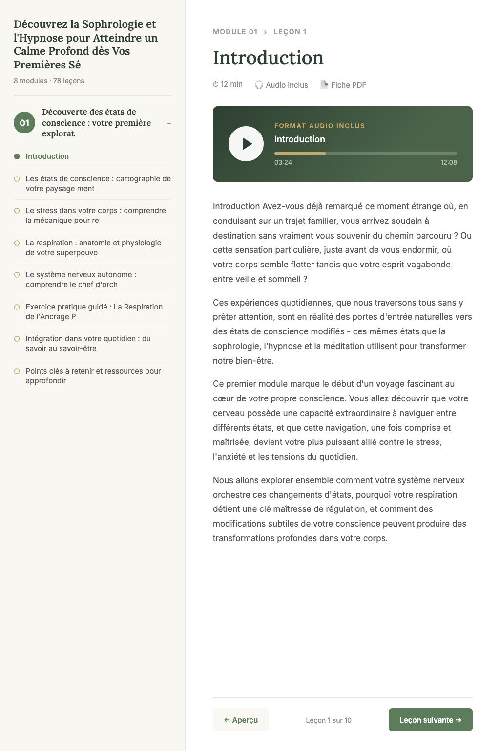 Aperçu d'une leçon · Découvrez la Sophrologie et l'Hypnose pour Atteindre un Calme Profond dès Vos Premières Séances