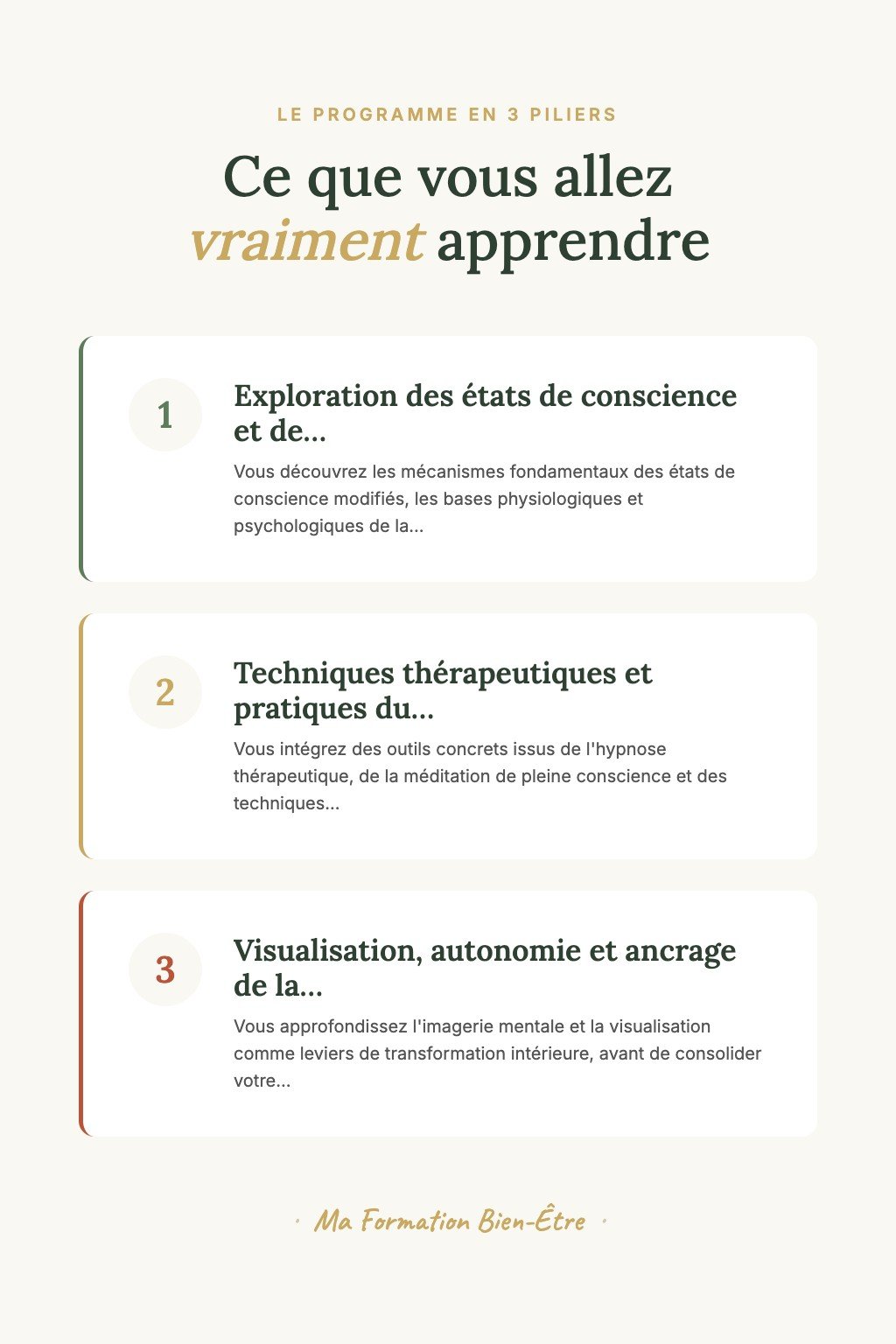 Les 3 piliers du programme · Découvrez la Sophrologie et l'Hypnose pour Atteindre un Calme Profond dès Vos Premières Séances