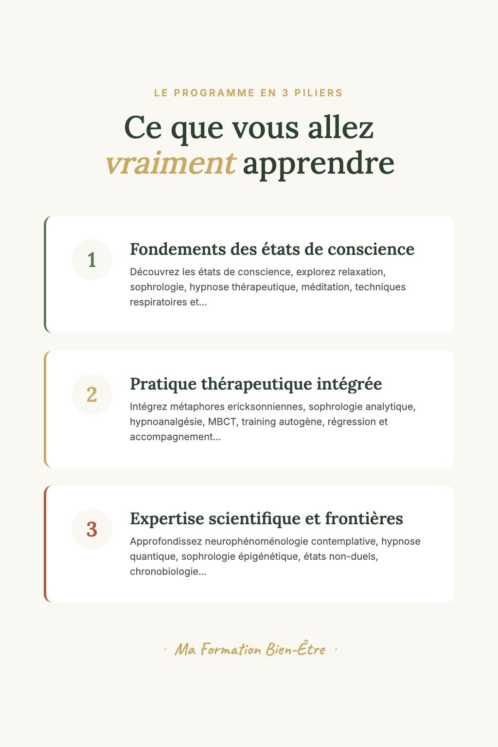 Les 3 piliers du programme · Sophrologie, Hypnose & Méditation : Devenez Praticien Certifié en 24 Modules