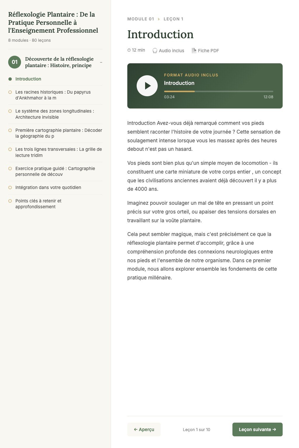 Aperçu d'une leçon · Réflexologie Plantaire : De la Pratique Personnelle à l'Enseignement Professionnel