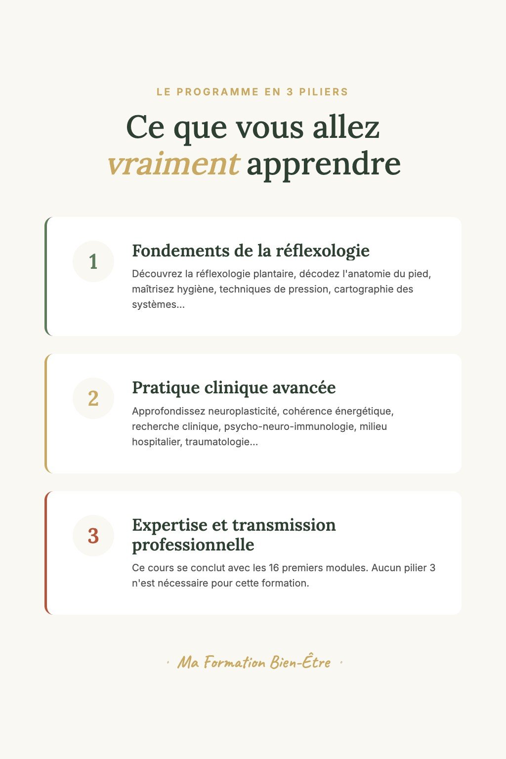 Les 3 piliers du programme · Réflexologie Plantaire : De la Pratique Personnelle à l'Enseignement Professionnel