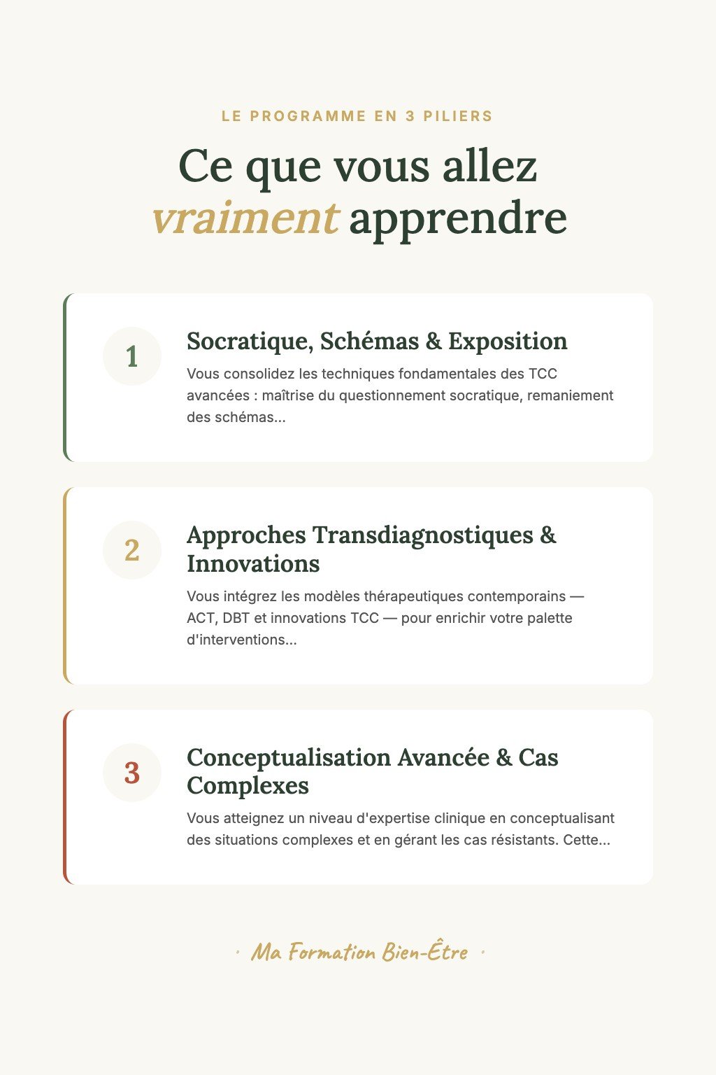 Les 3 piliers du programme · Devenez un Thérapeute TCC Confirmé Capable de Traiter les Troubles Résistants avec Expertise Clinique