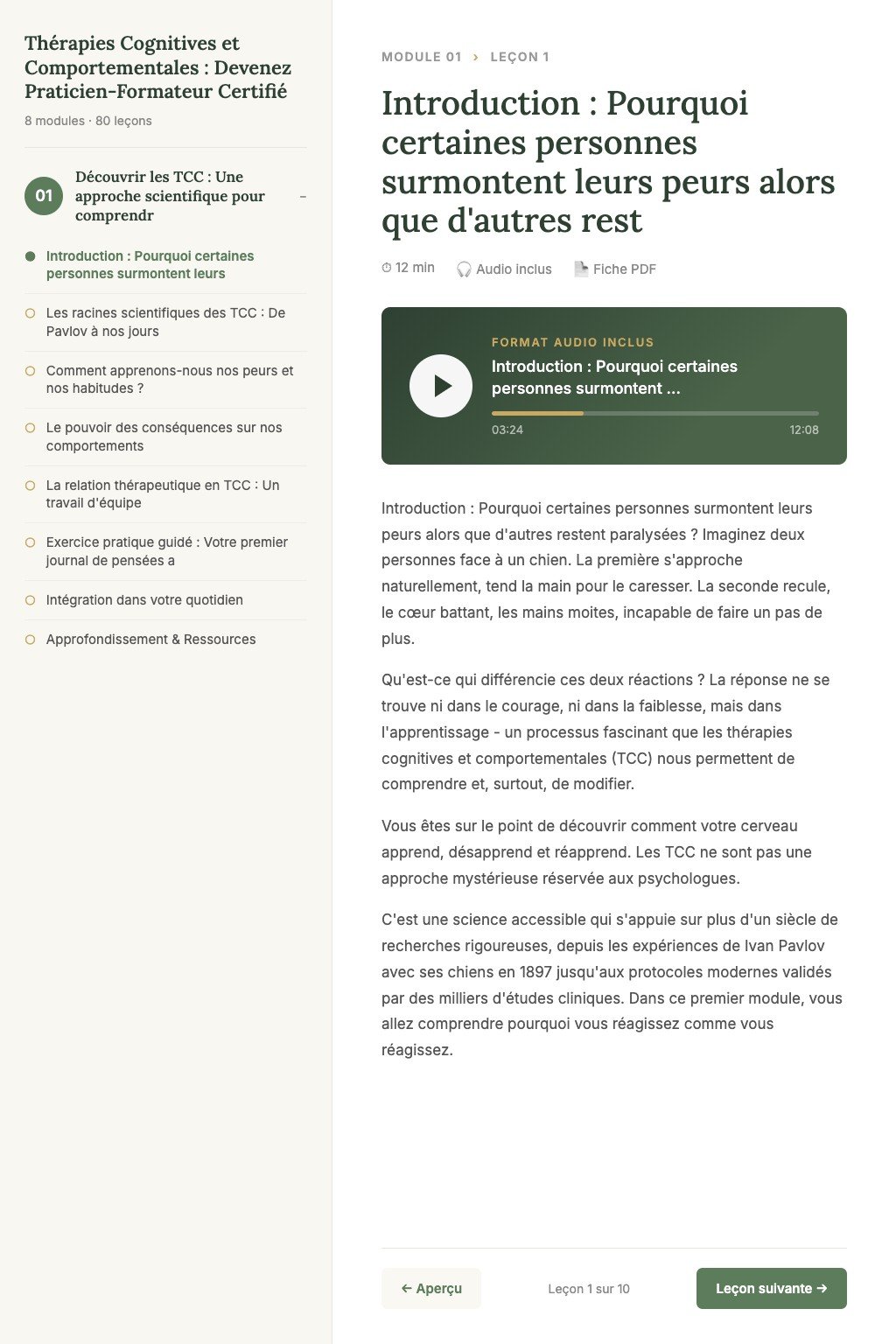 Aperçu d'une leçon · Thérapies Cognitives et Comportementales : Devenez Praticien-Formateur Certifié