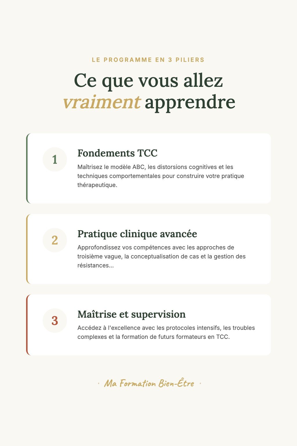 Les 3 piliers du programme · Thérapies Cognitives et Comportementales : Devenez Praticien-Formateur Certifié