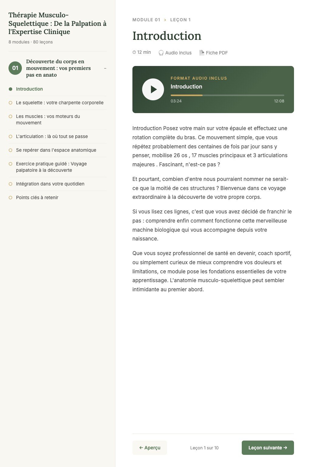 Aperçu d'une leçon · Thérapie Musculo-Squelettique : De la Palpation à l'Expertise Clinique