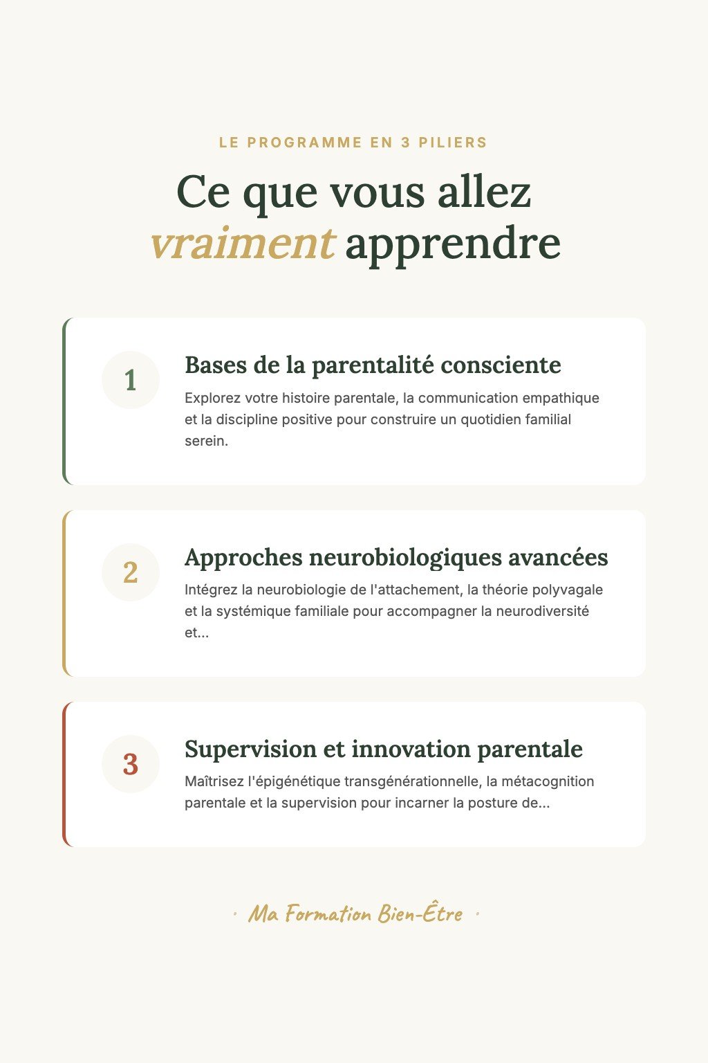 Les 3 piliers du programme · Devenez Coach en Parentalité Consciente : De la Pratique Personnelle à la Supervision d'Experts
