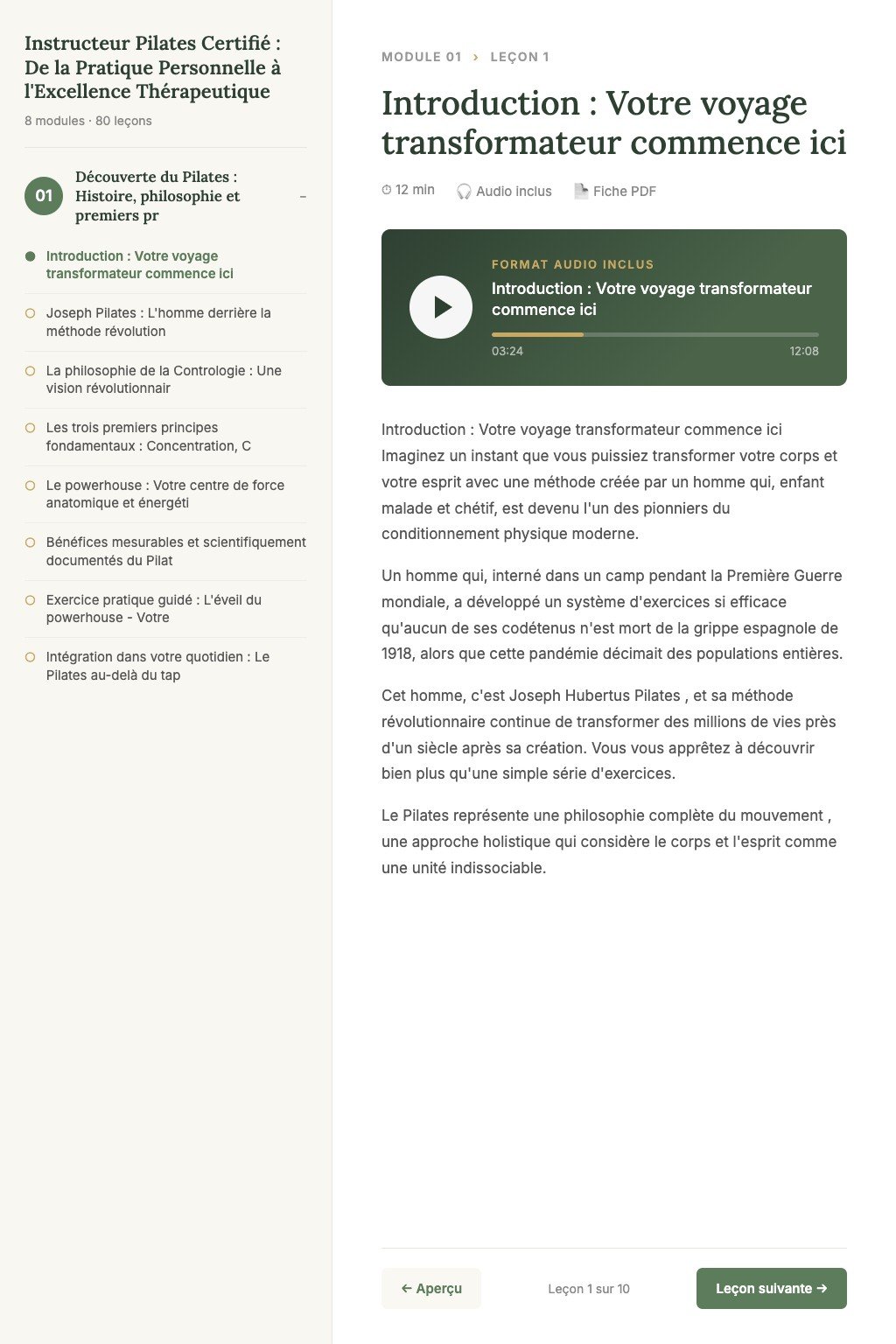 Aperçu d'une leçon · Instructeur Pilates Certifié : De la Pratique Personnelle à l'Excellence Thérapeutique