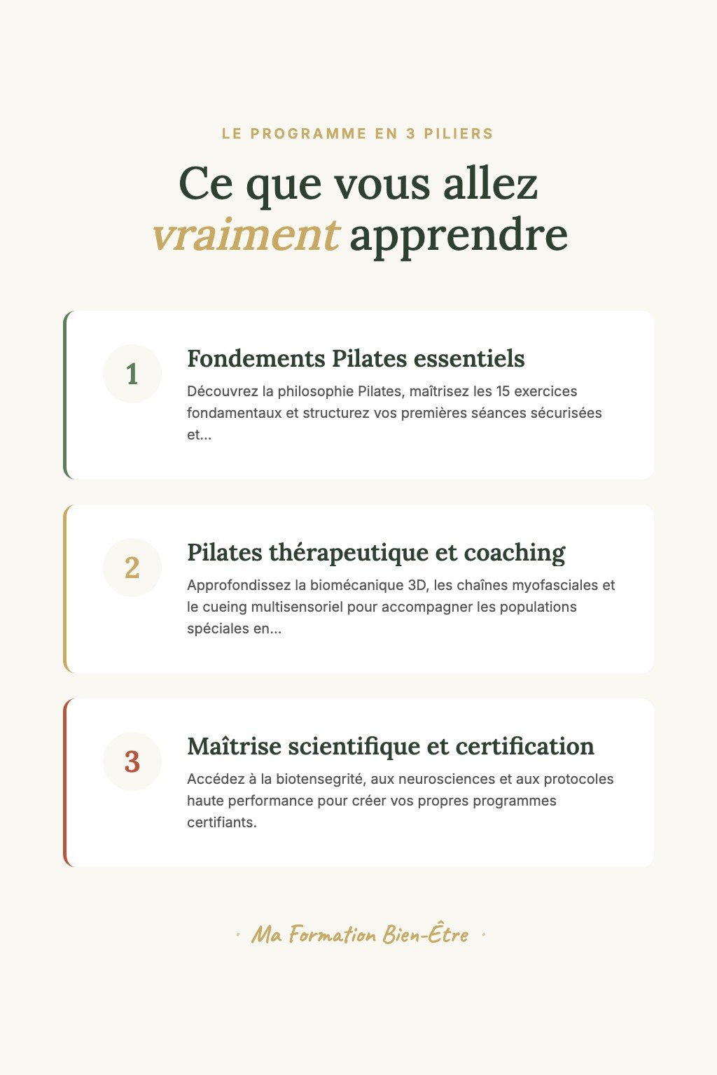 Les 3 piliers du programme · Instructeur Pilates Certifié : De la Pratique Personnelle à l'Excellence Thérapeutique