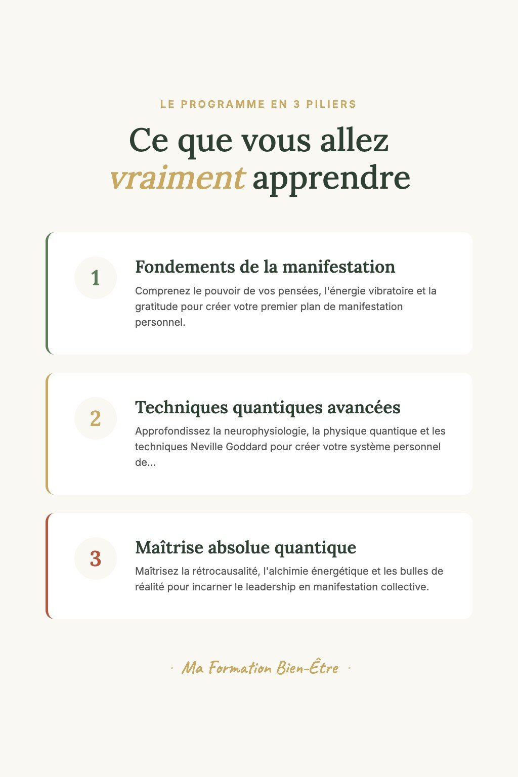 Les 3 piliers du programme · La Voie du Manifesteur Quantique — De la Pensée Créatrice à la Maîtrise Absolue
