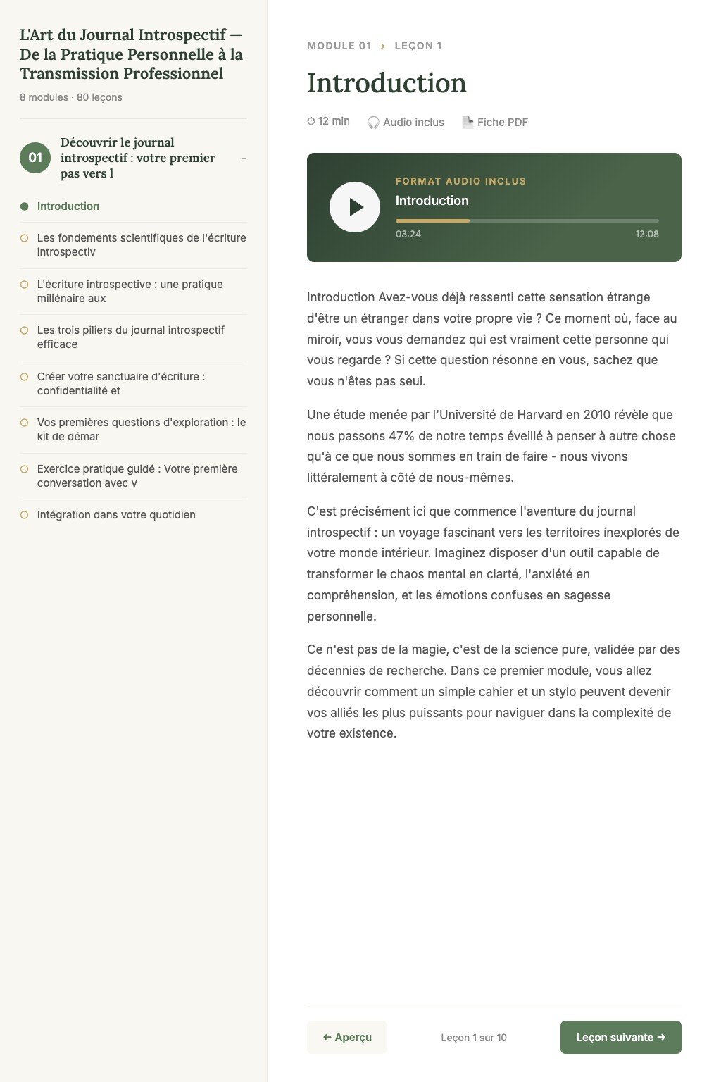 Aperçu d'une leçon · L'Art du Journal Introspectif — De la Pratique Personnelle à la Transmission Professionnelle
