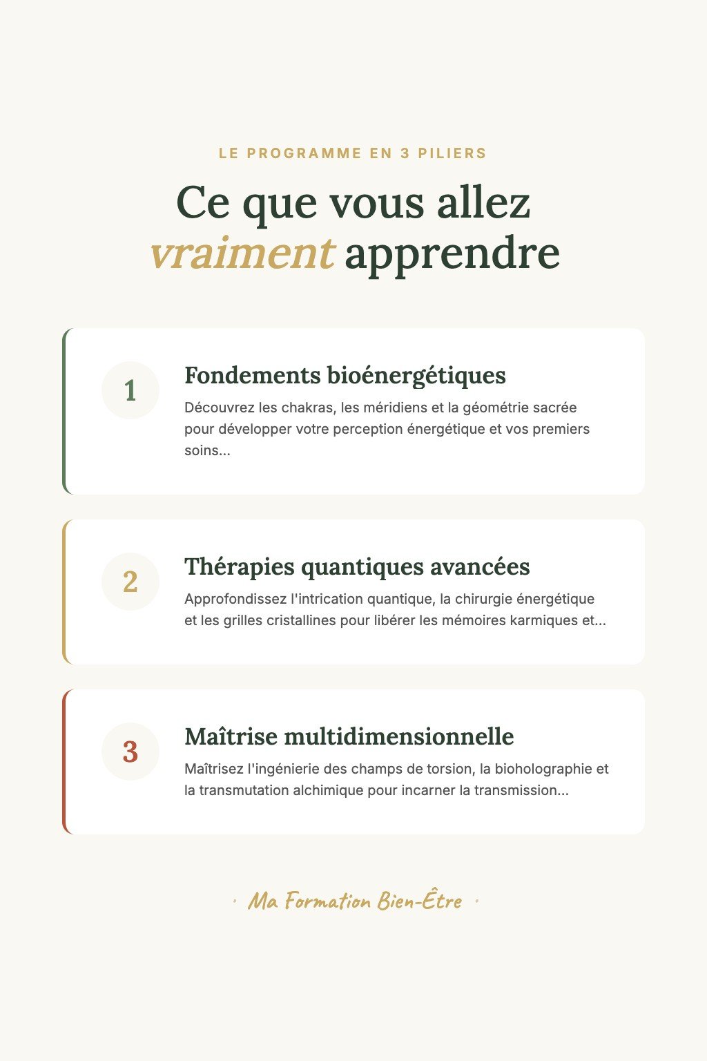 Les 3 piliers du programme · Bioénergie Quantique : La Voie du Praticien Vibratoire