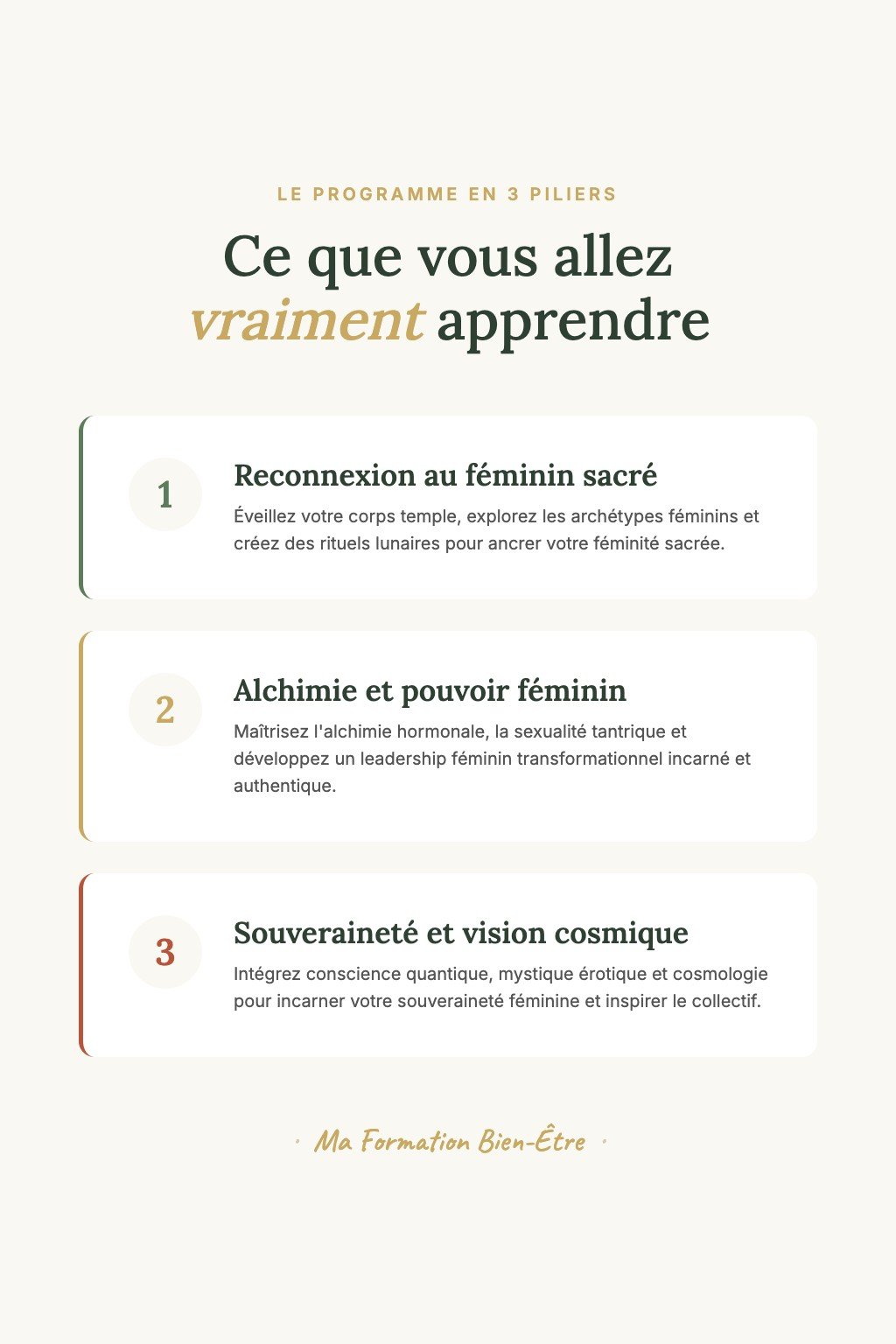 Les 3 piliers du programme · Éveil du Féminin Sacré : De la Reconnexion Intime à la Transmission Inspirante