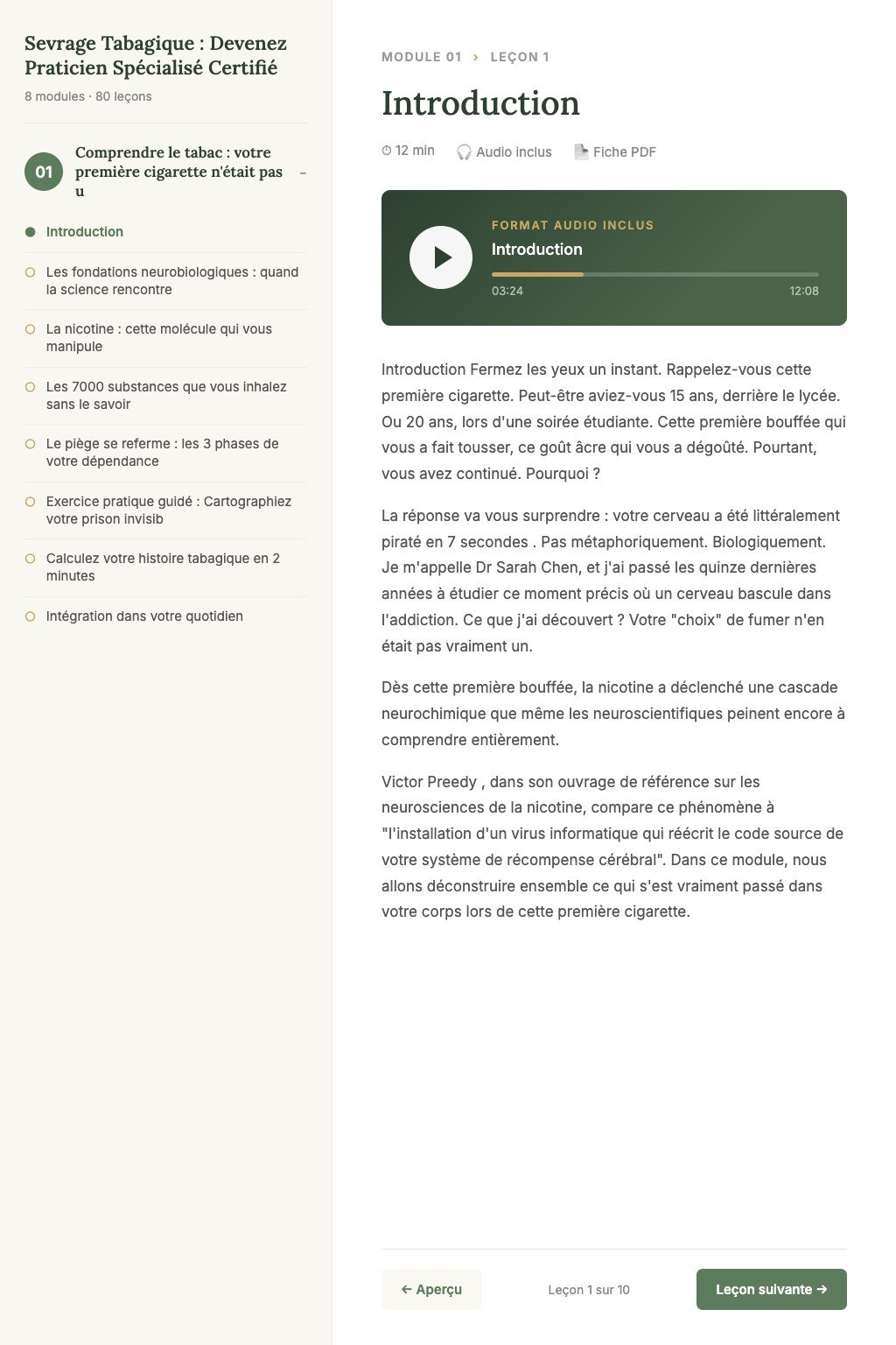 Aperçu d'une leçon · Sevrage Tabagique : Devenez Praticien Spécialisé Certifié