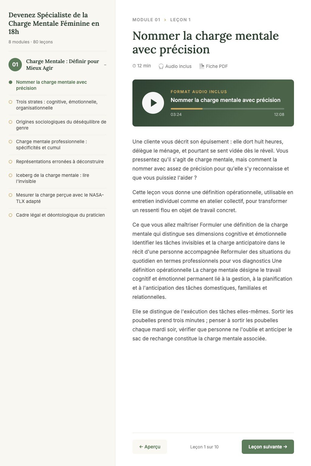 Aperçu d'une leçon · Devenez Spécialiste de la Charge Mentale Féminine en 18h