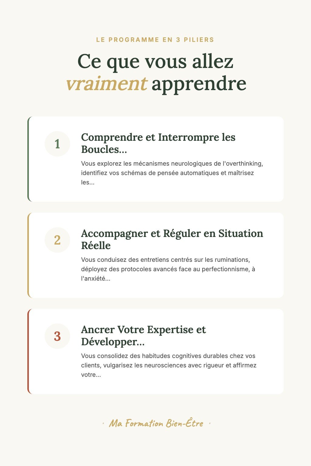 Les 3 piliers du programme · Overthinking : Libérez-vous des ruminations et devenez praticien certifié en régulation cognitive