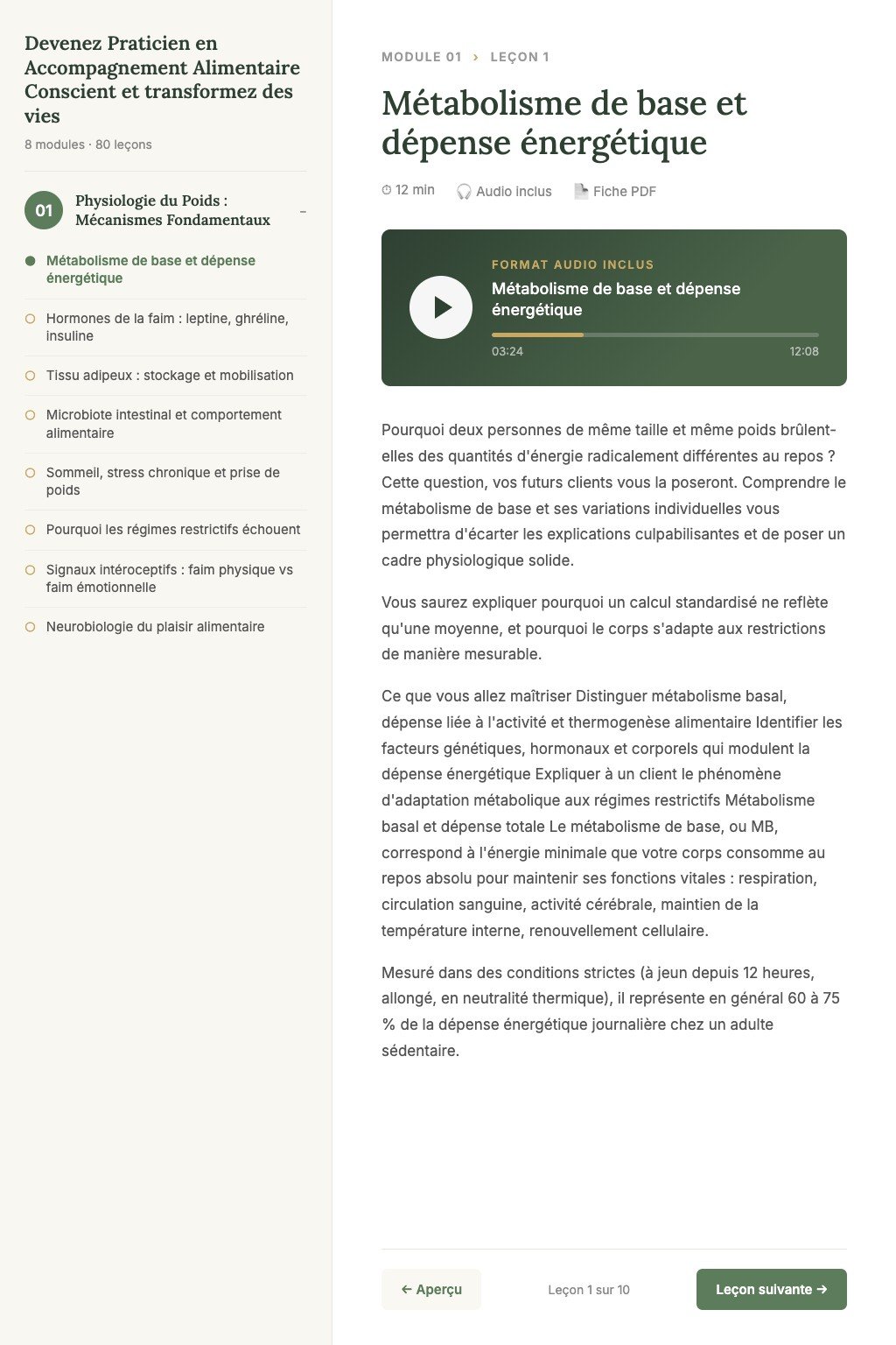 Aperçu d'une leçon · Devenez Praticien en Accompagnement Alimentaire Conscient et transformez des vies