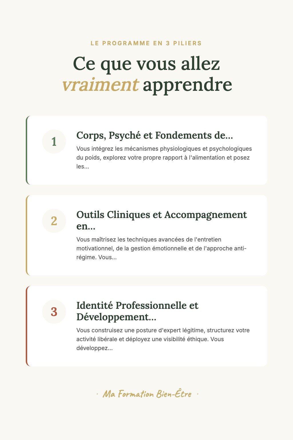 Les 3 piliers du programme · Devenez Praticien en Accompagnement Alimentaire Conscient et transformez des vies
