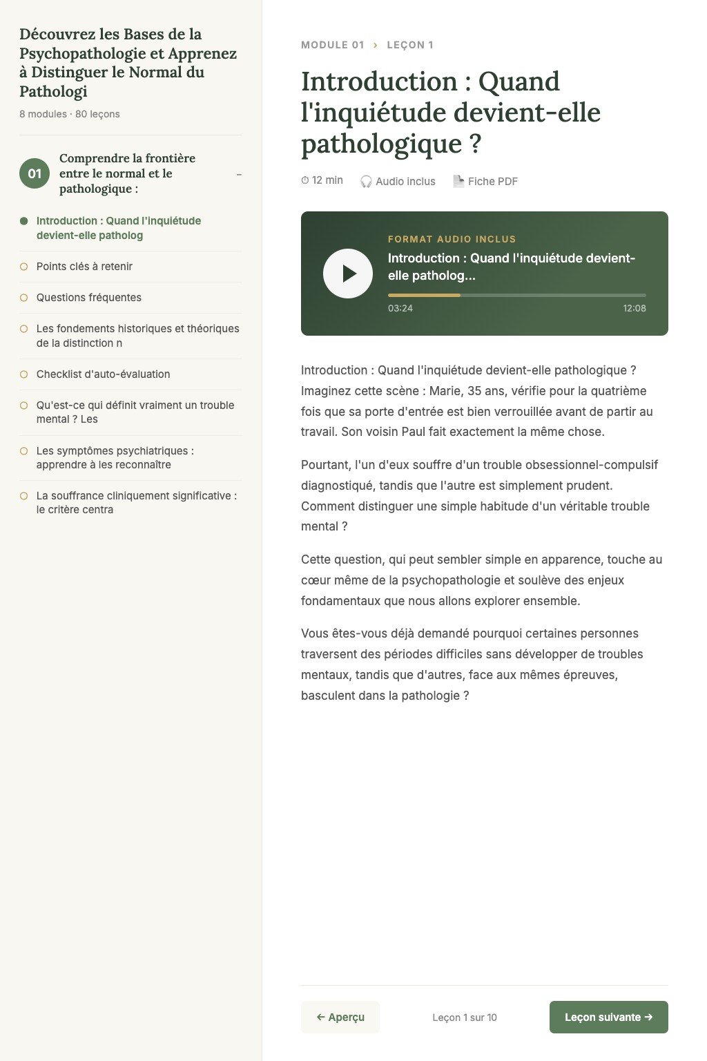 Aperçu d'une leçon · Découvrez les Bases de la Psychopathologie et Apprenez à Distinguer le Normal du Pathologique avec Clarté