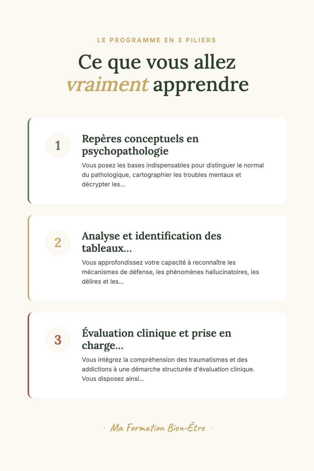 Les 3 piliers du programme · Découvrez les Bases de la Psychopathologie et Apprenez à Distinguer le Normal du Pathologique avec Clarté
