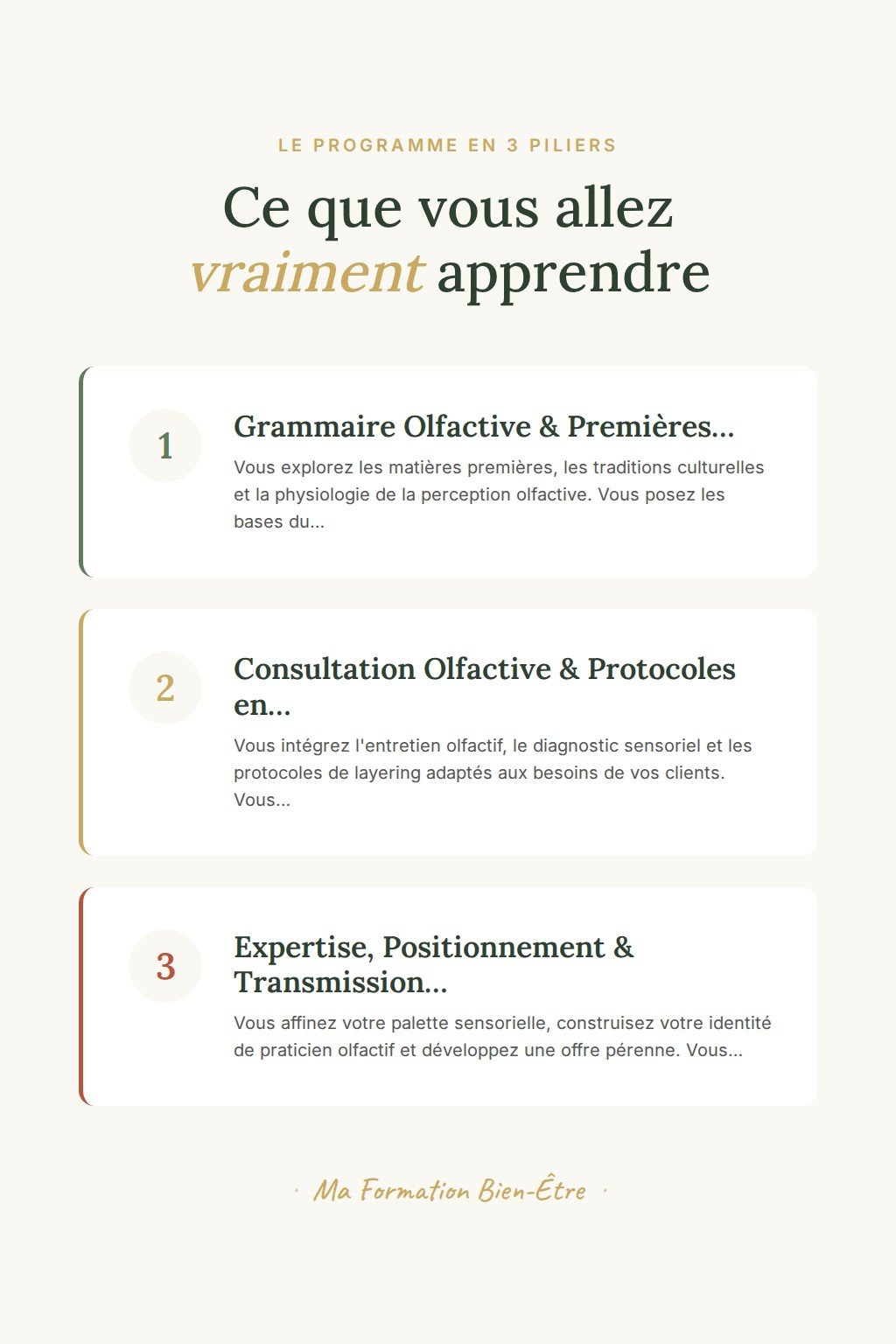 Les 3 piliers du programme · Maîtrisez le Fragrance Layering et intégrez-le dans votre pratique professionnelle