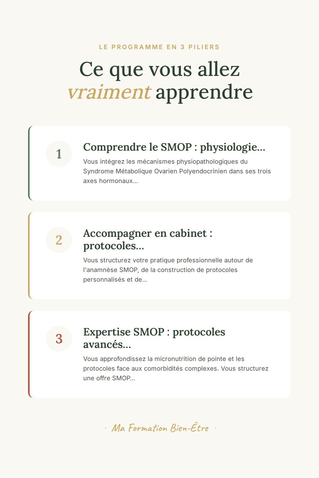 Les 3 piliers du programme · Devenez Praticien SMOP : maîtrisez l'accompagnement intégratif féminin
