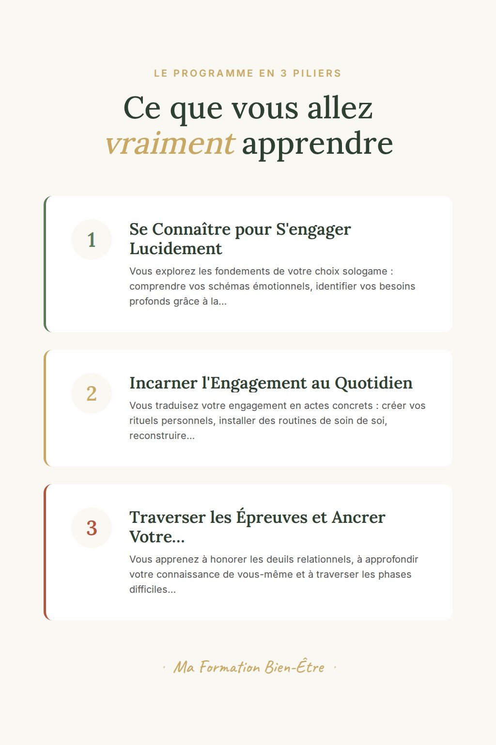 Les 3 piliers du programme · Engagez-vous envers vous-même : vivez votre célibat comme un choix libre