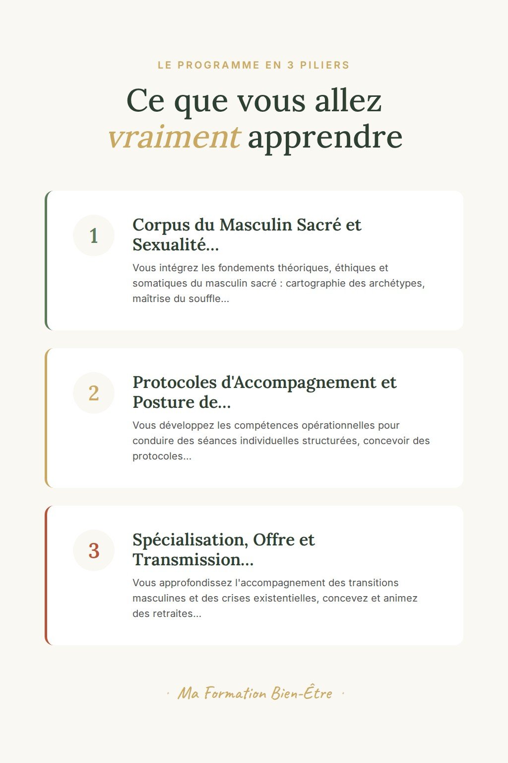 Les 3 piliers du programme · Devenez Praticien en Masculin Sacré et transformez votre cabinet