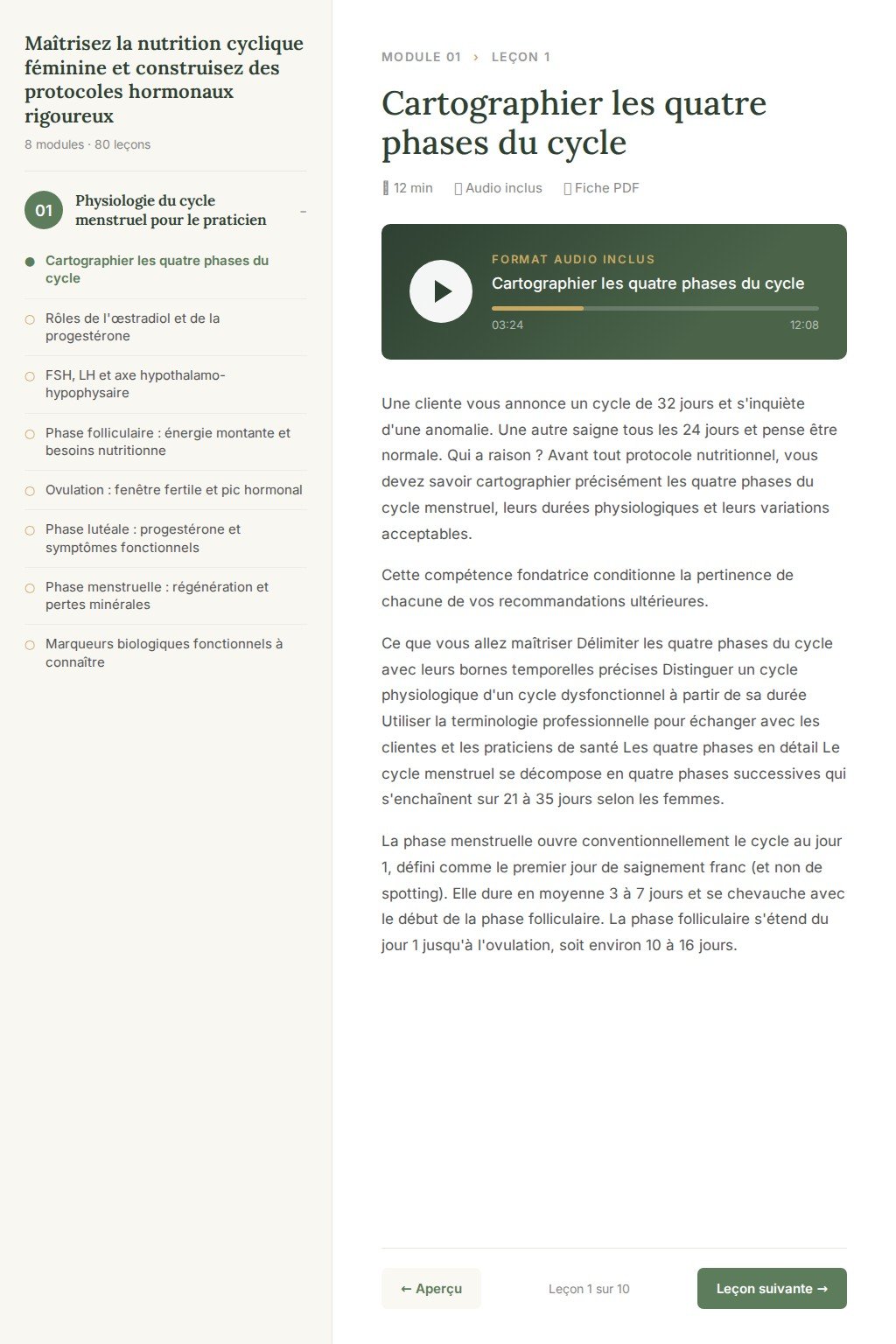 Aperçu d'une leçon · Maîtrisez la nutrition cyclique féminine et construisez des protocoles hormonaux rigoureux