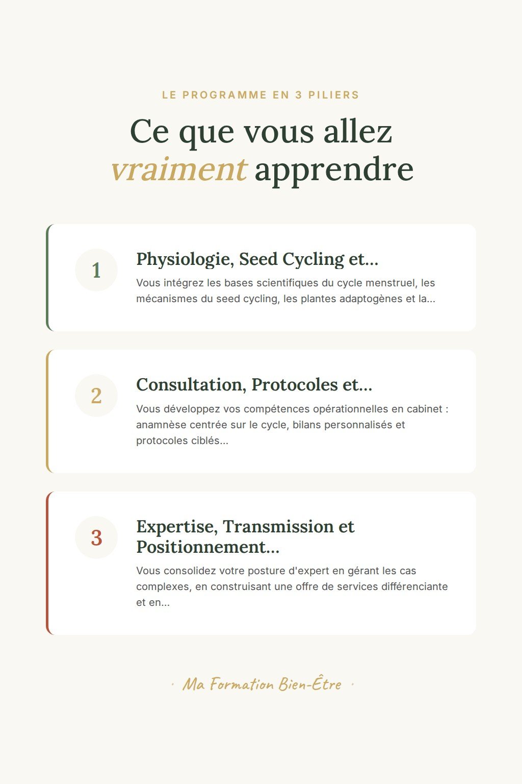 Les 3 piliers du programme · Maîtrisez la nutrition cyclique féminine et construisez des protocoles hormonaux rigoureux