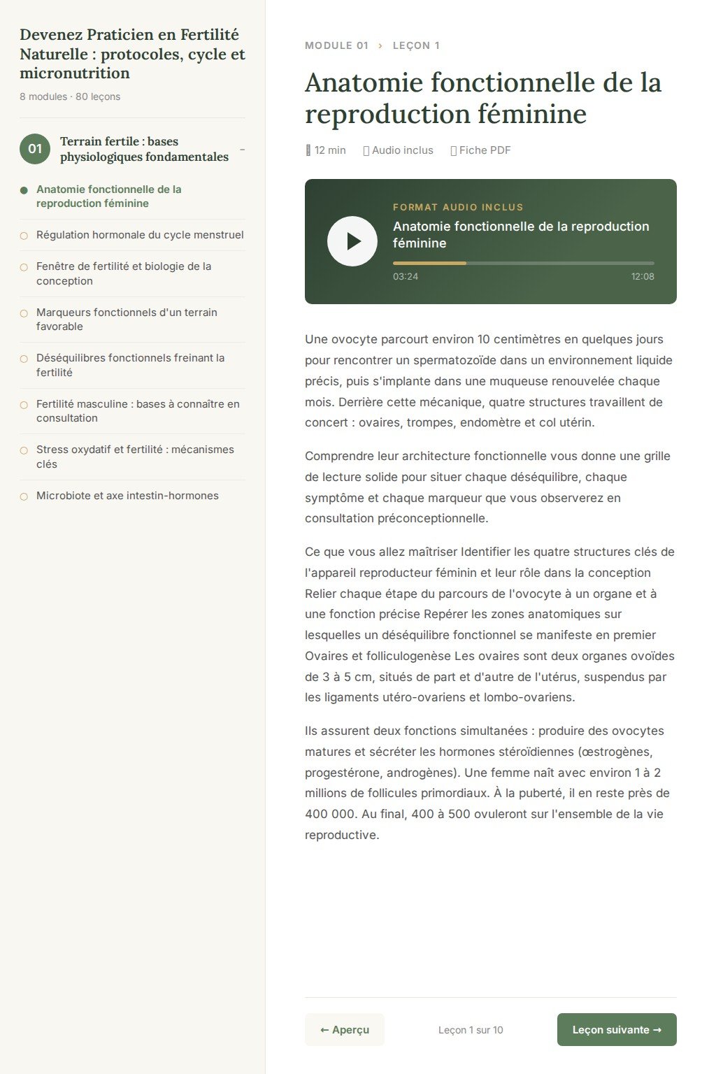 Aperçu d'une leçon · Devenez Praticien en Fertilité Naturelle : protocoles, cycle et micronutrition