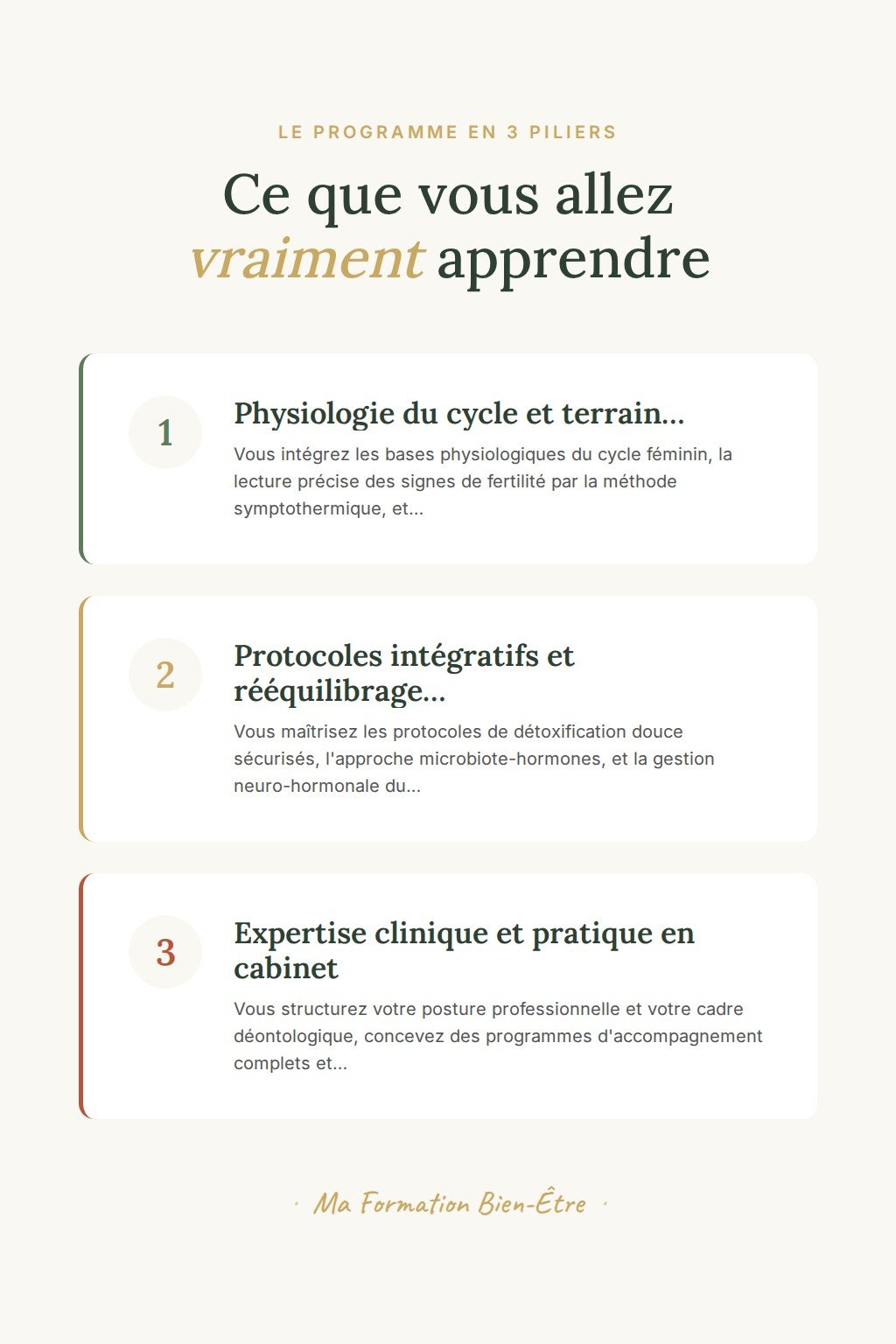 Les 3 piliers du programme · Devenez Praticien en Fertilité Naturelle : protocoles, cycle et micronutrition
