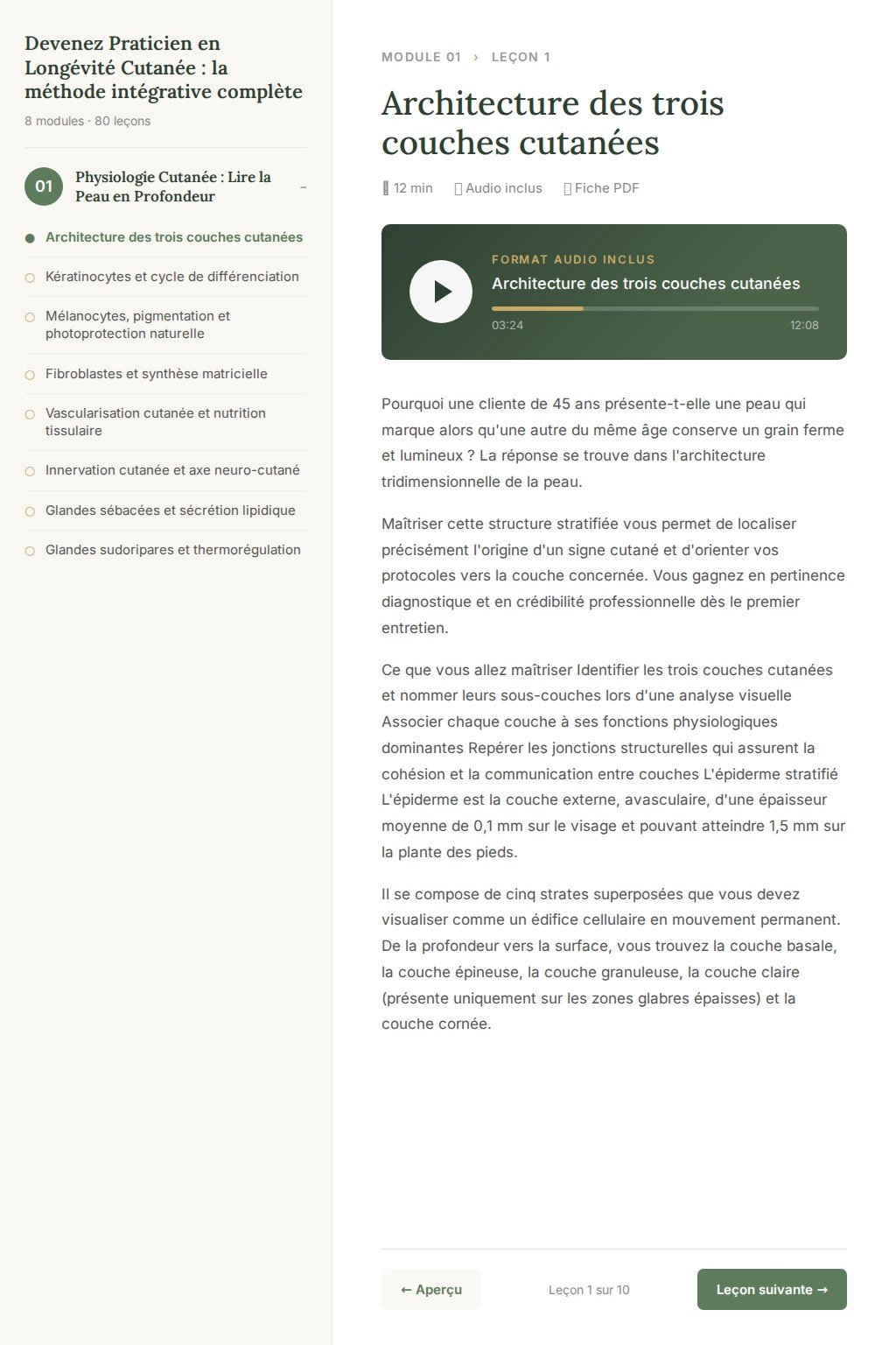 Aperçu d'une leçon · Devenez Praticien en Longévité Cutanée : la méthode intégrative complète