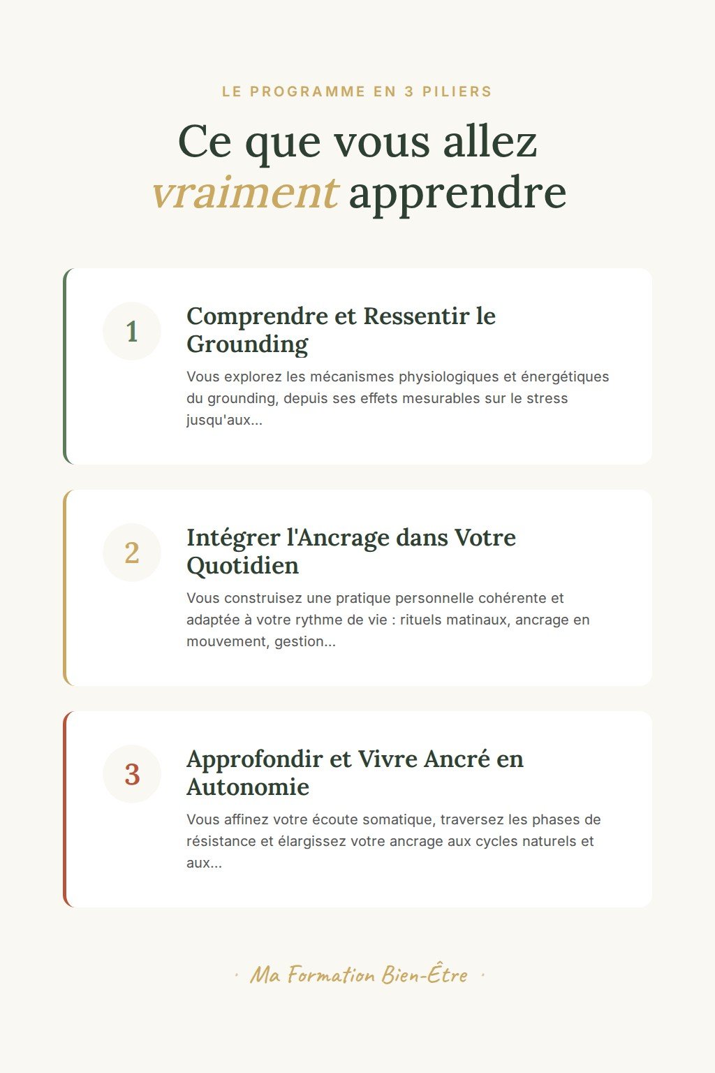 Les 3 piliers du programme · Retrouvez une stabilité durable grâce au grounding et à l'ancrage somatique