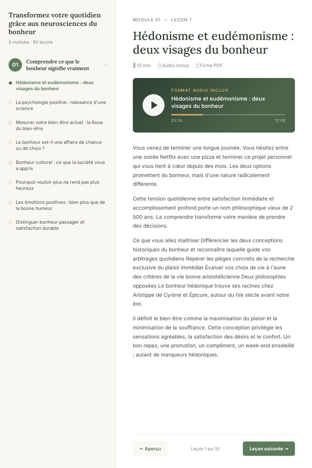 Aperçu d'une leçon · Formation Cultiver le Bonheur Durable : Neurosciences, PERMA et Pratiques Quotidiennes