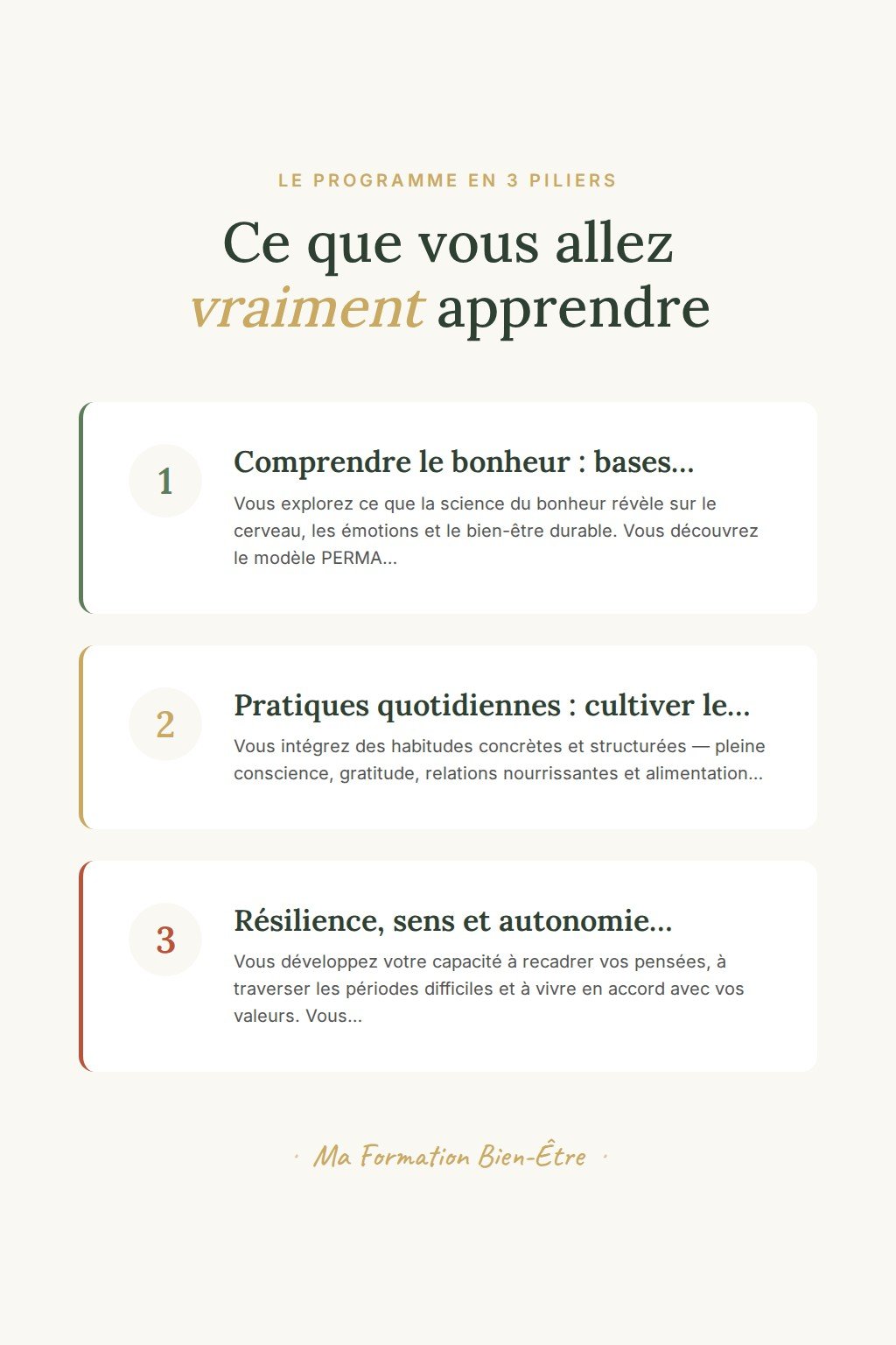Les 3 piliers du programme · Formation Cultiver le Bonheur Durable : Neurosciences, PERMA et Pratiques Quotidiennes