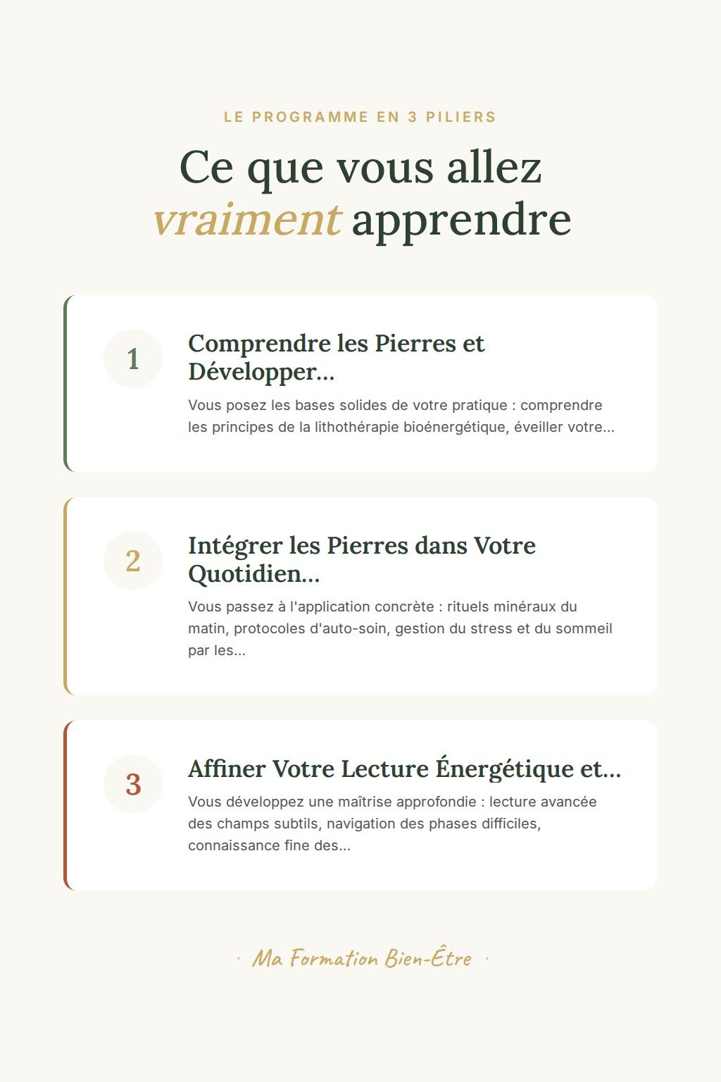 Les 3 piliers du programme · Maîtrisez la Lithothérapie Bioénergétique et retrouvez équilibre au quotidien