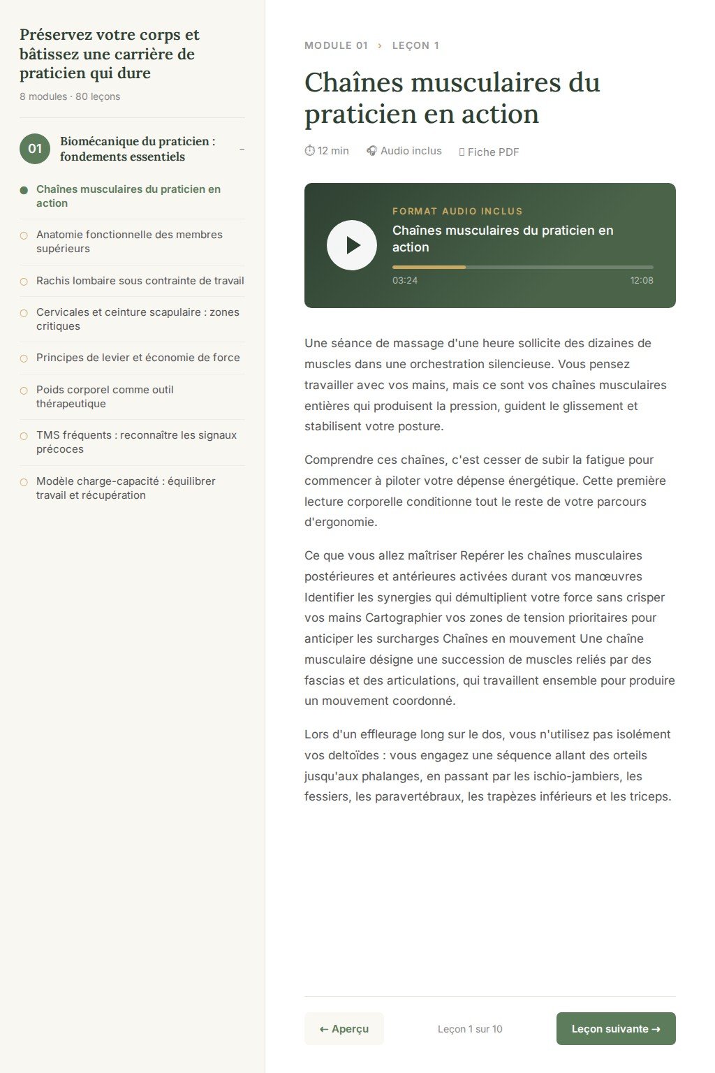 Aperçu d'une leçon · Préservez votre corps et bâtissez une carrière de praticien qui dure