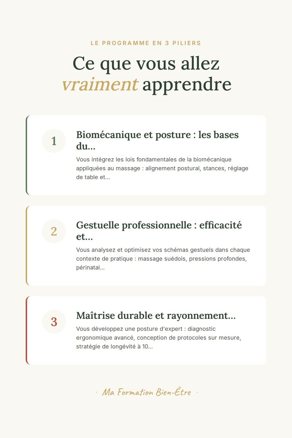 Les 3 piliers du programme · Préservez votre corps et bâtissez une carrière de praticien qui dure