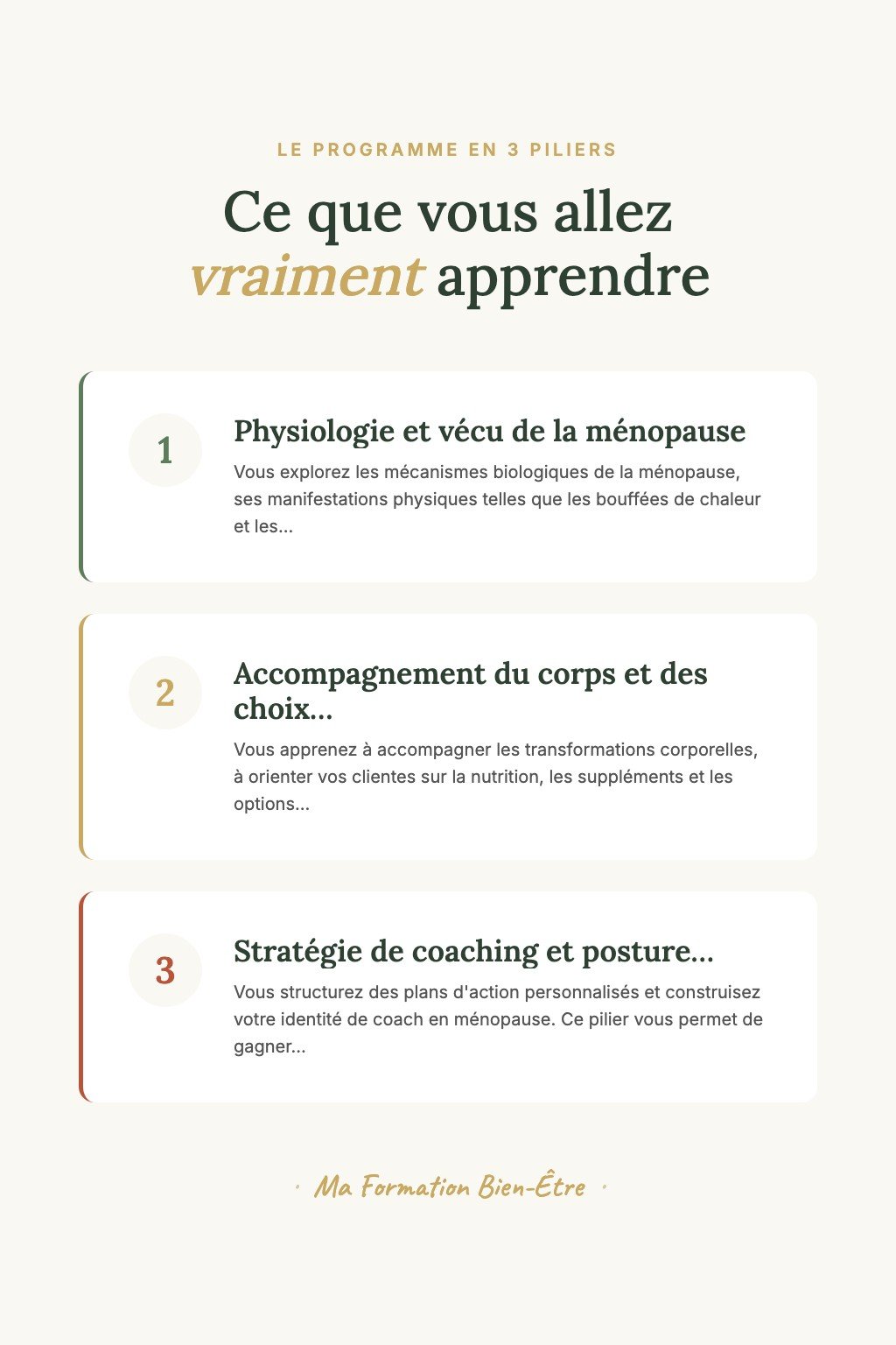 Les 3 piliers du programme · Découvrez les Secrets de la Ménopause et Faites Vos Premiers Pas vers un Accompagnement Bienveillant des Femmes