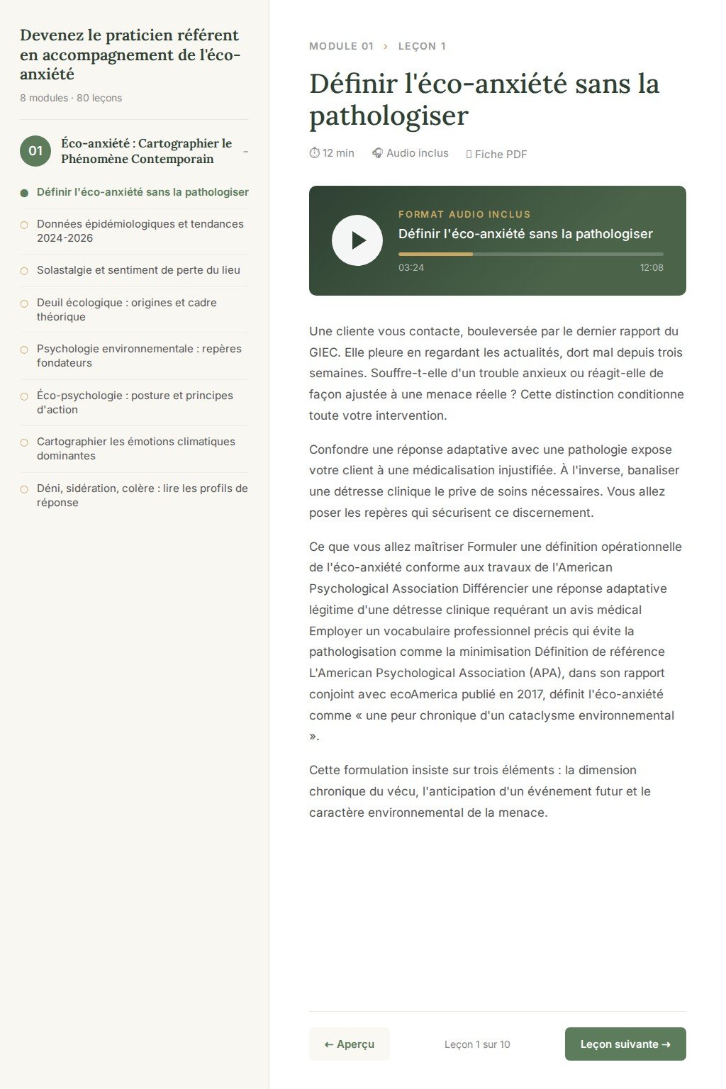 Aperçu d'une leçon · Devenez le praticien référent en accompagnement de l'éco-anxiété