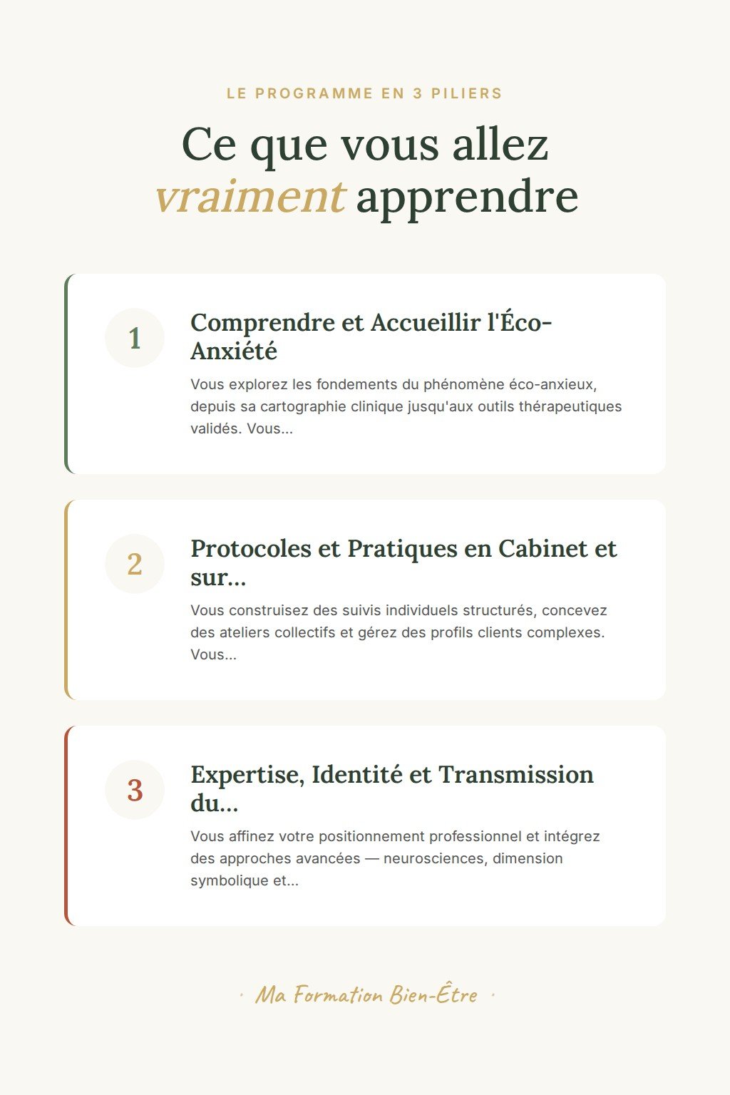Les 3 piliers du programme · Devenez le praticien référent en accompagnement de l'éco-anxiété