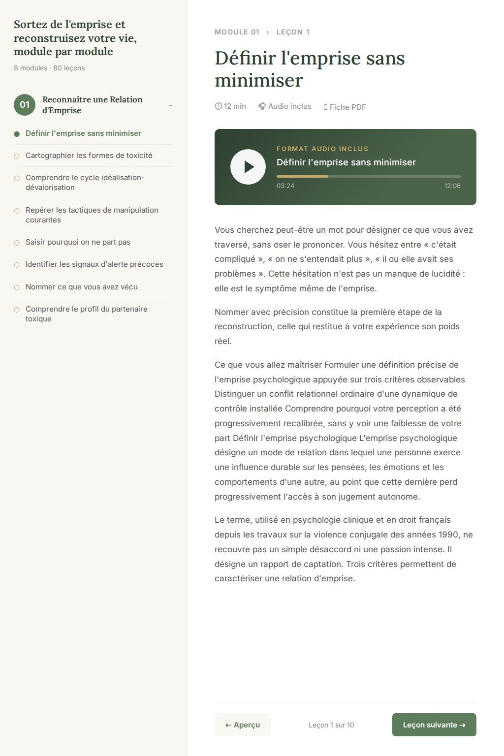 Aperçu d'une leçon · Sortez de l'emprise et reconstruisez votre vie, module par module